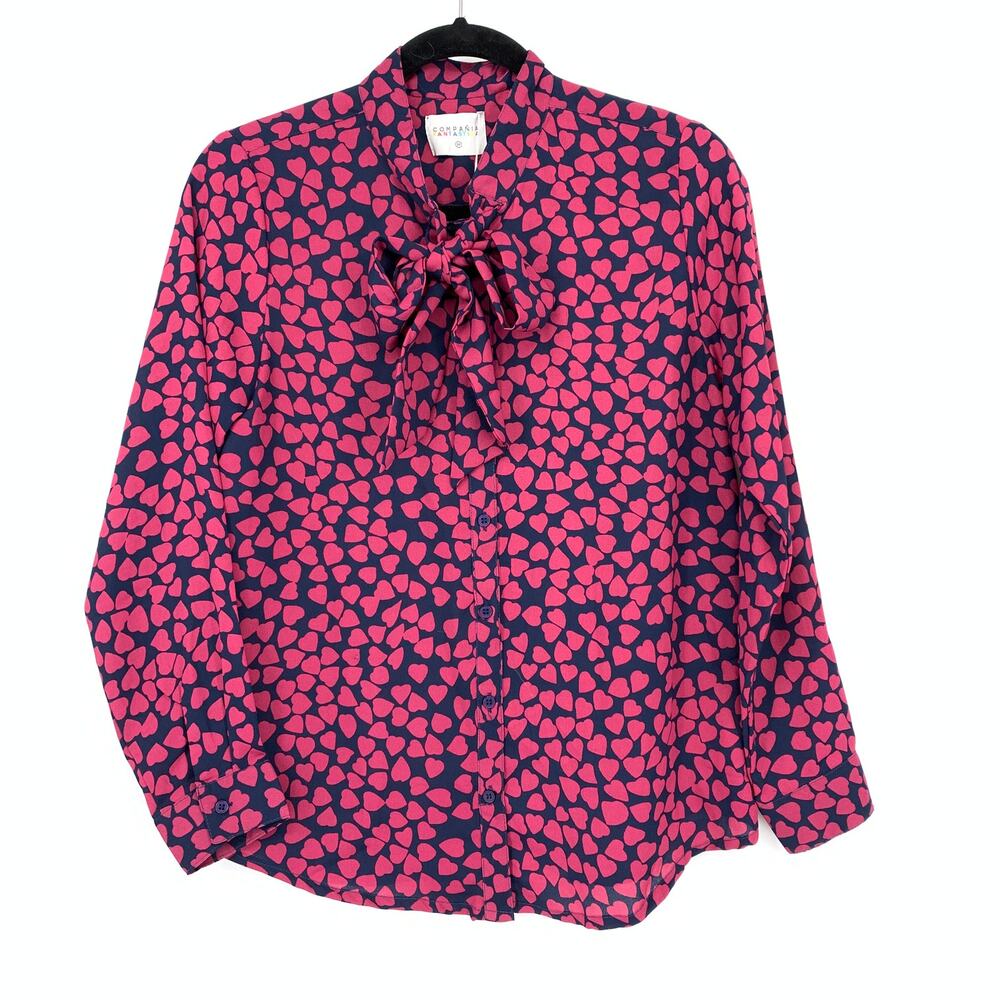 Compania Fantastica Tie Neck Top Womens Sz M Long Sleeve Blue Pink Heart Print